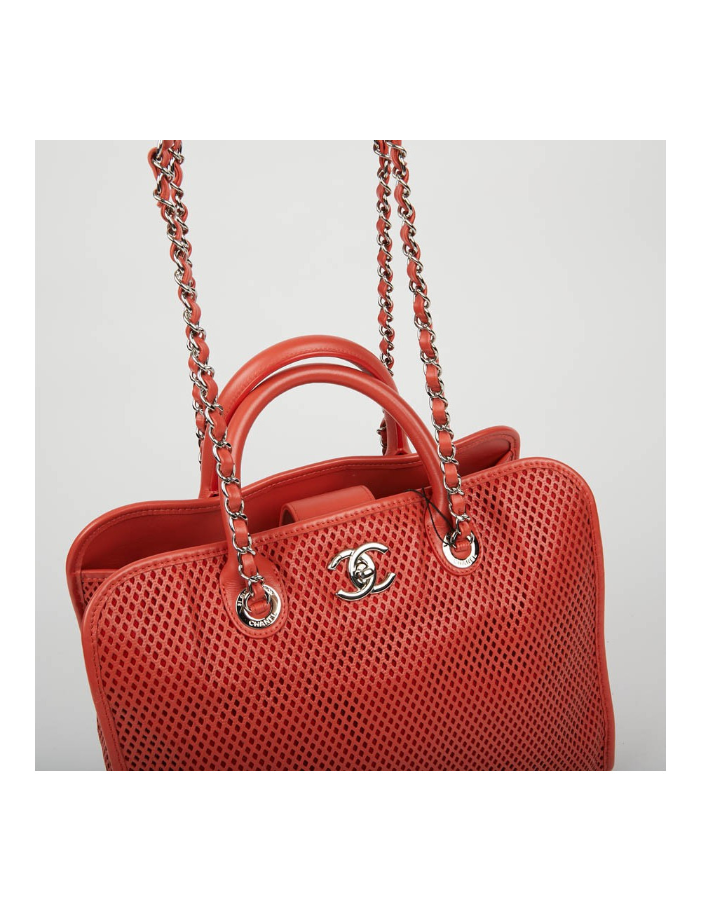 CHANEL Coral Perforated Leather Tote Bag