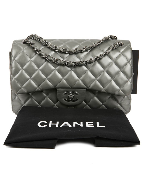Sac classique CHANEL double rabat argenté