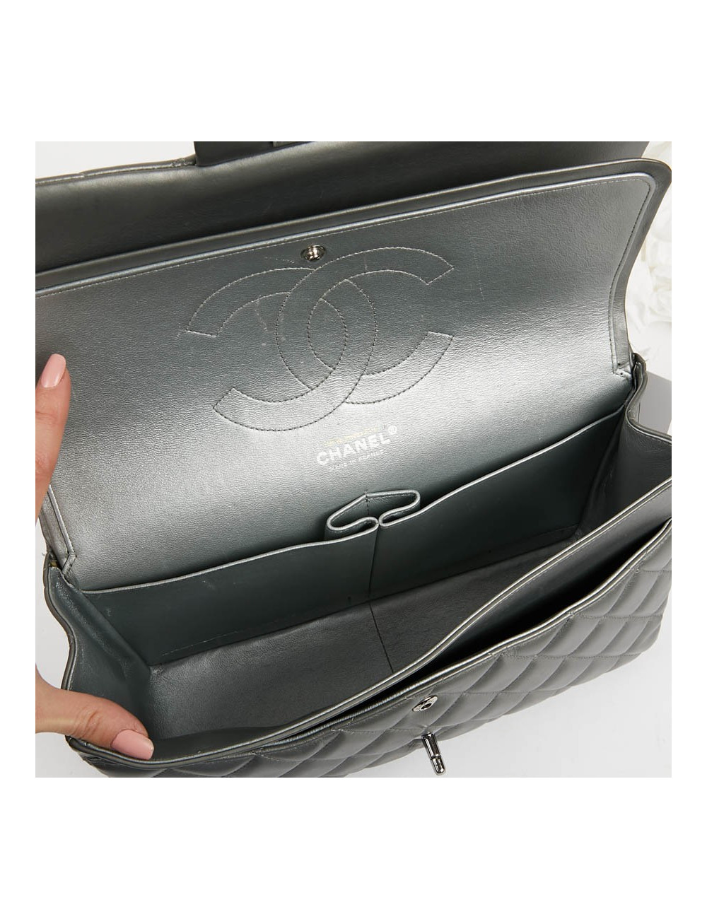 Sac classique CHANEL double rabat argenté