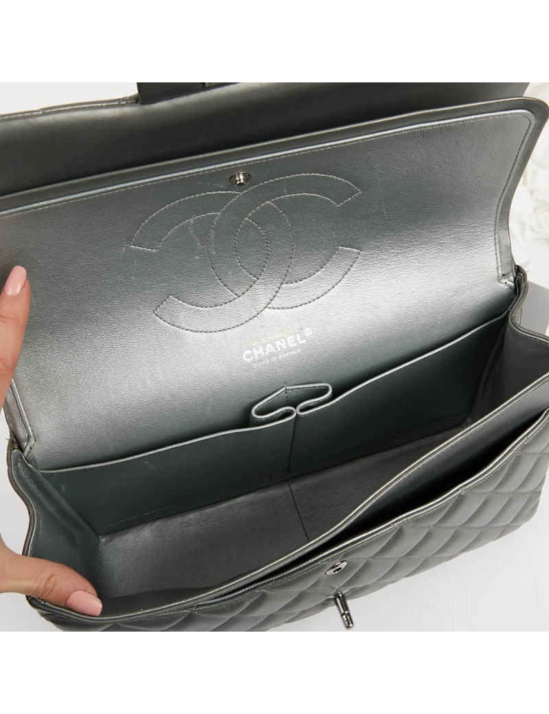 Sac classique CHANEL double rabat argenté