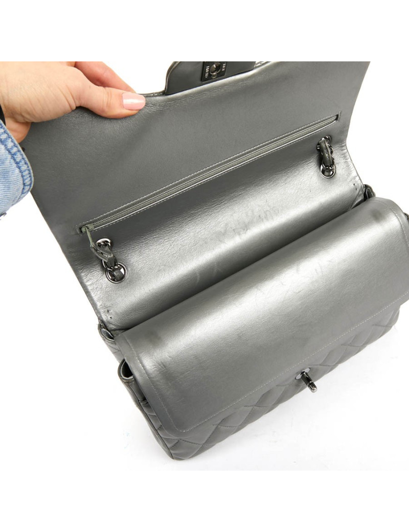 Sac classique CHANEL double rabat argenté