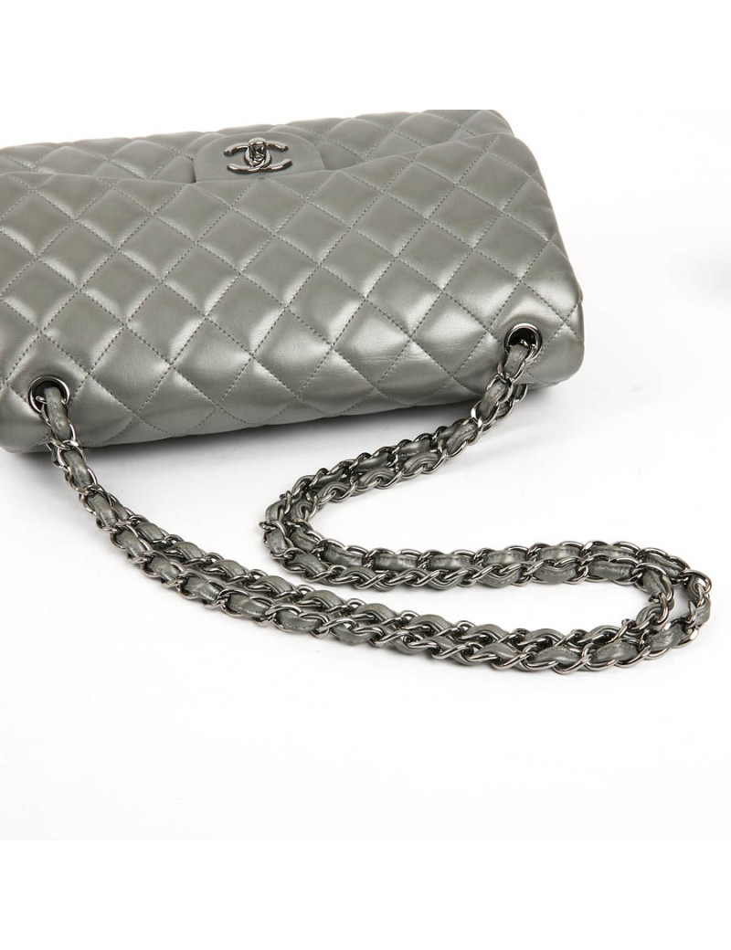 Sac classique CHANEL double rabat argenté