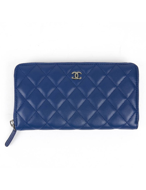 Portefeuille CHANEL en cuir d'agneau lisse bleu
