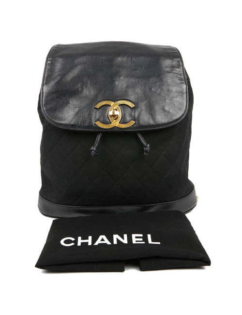 Sac a dos vintage CHANEL en toile et cuir bleu marine