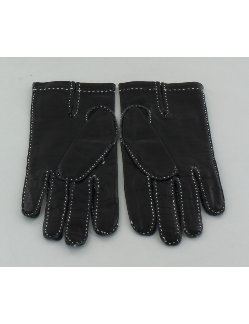 Gants HERMES en cuir lisse noir surpiqûres blanches