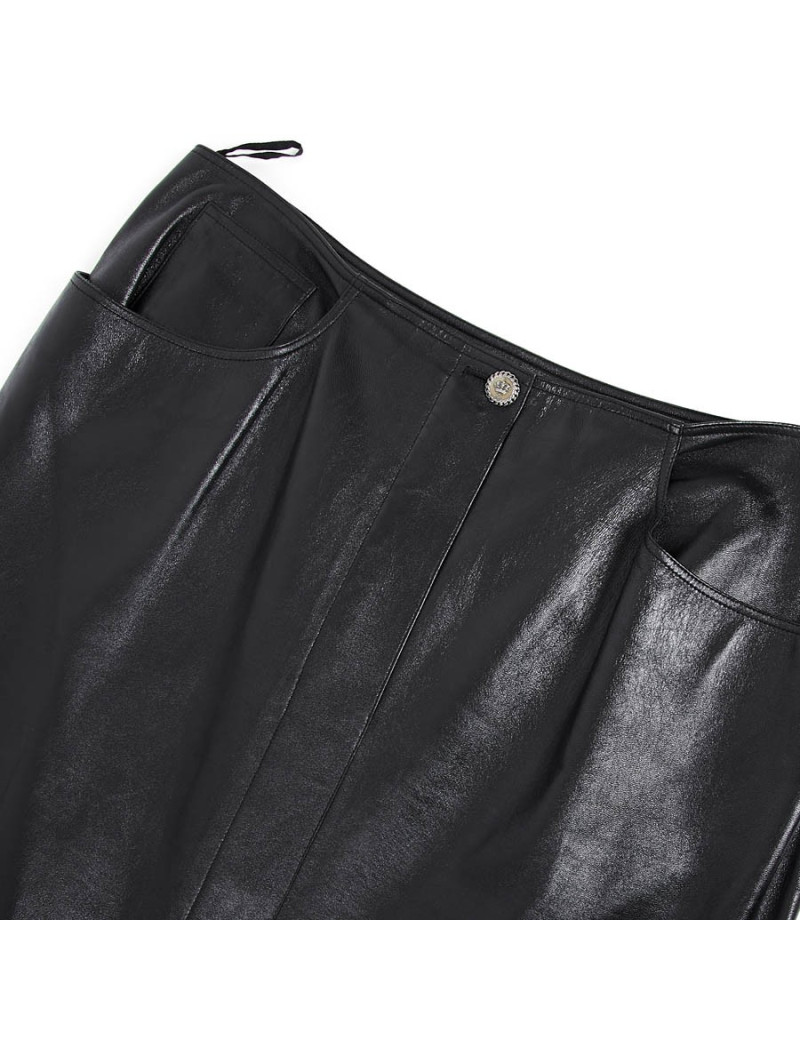 Jupe longue CHANEL T 44 en cuir d'agneau noir