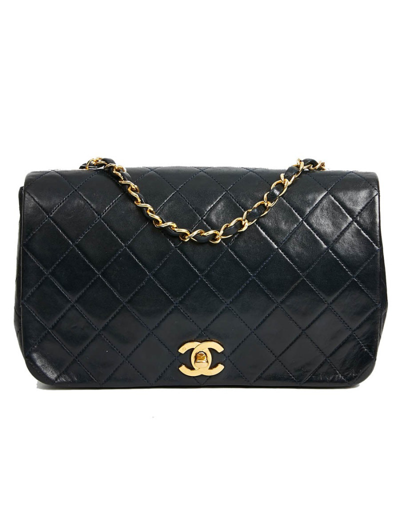Sac CHANEL vintage bleu marine en cuir d'agneau