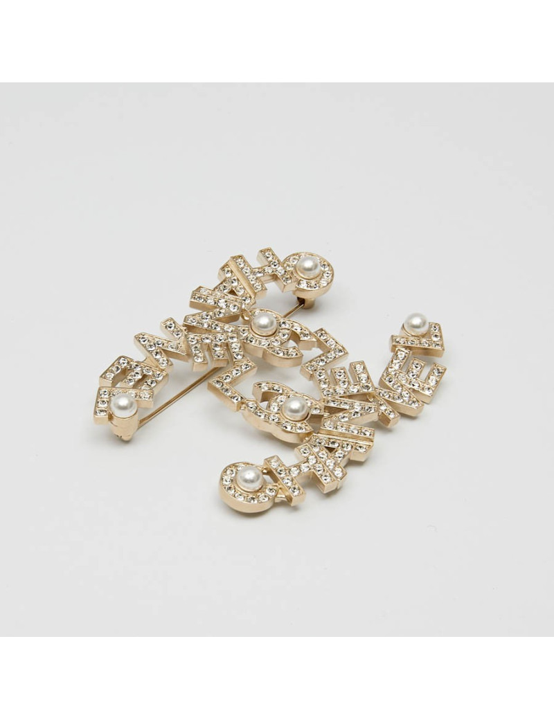 CHANEL Large CC Brooch in Gilt Metal, Pearls and Rhinestones