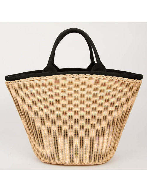 PRADA Bag in Natural Wicker and Black Cotton Canvas