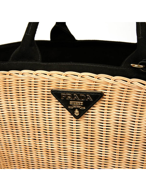 PRADA Bag in Natural Wicker and Black Cotton Canvas
