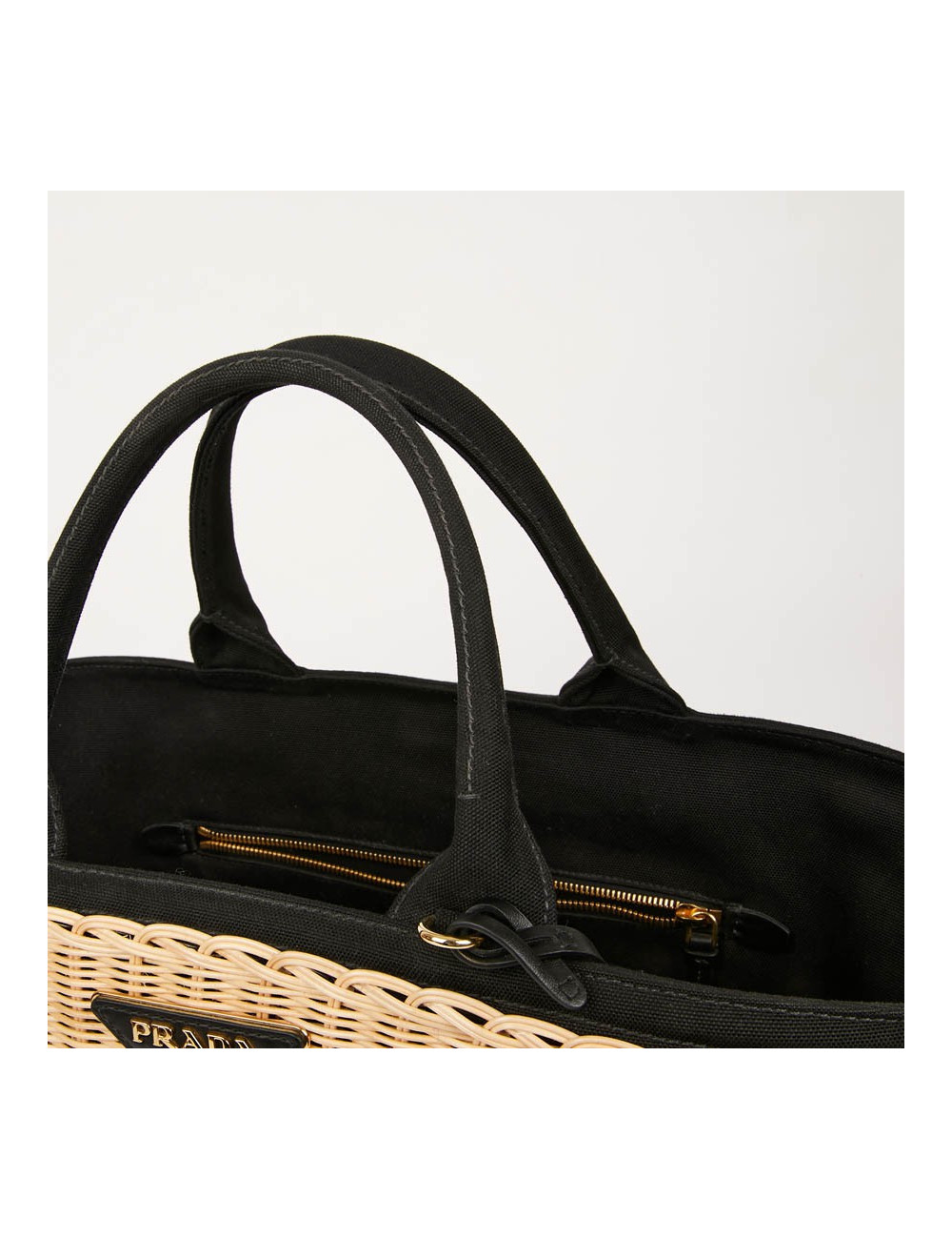 PRADA Bag in Natural Wicker and Black Cotton Canvas