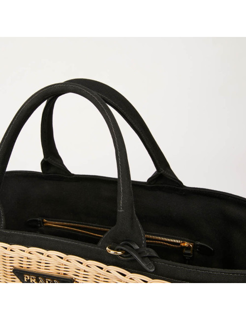 PRADA Bag in Natural Wicker and Black Cotton Canvas