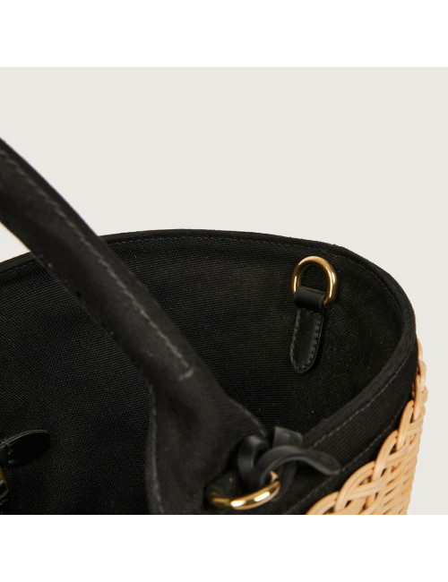 PRADA Bag in Natural Wicker and Black Cotton Canvas