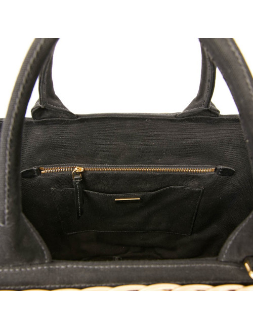 PRADA Bag in Natural Wicker and Black Cotton Canvas