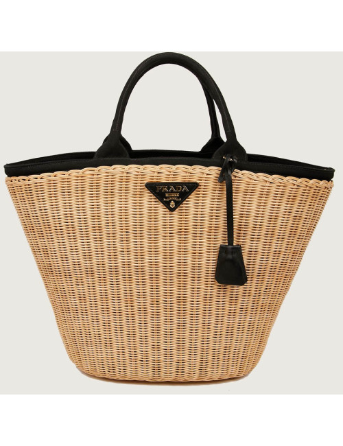 PRADA Bag in Natural Wicker and Black Cotton Canvas