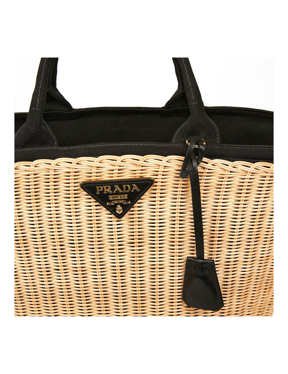 PRADA Bag in Natural Wicker and Black Cotton Canvas