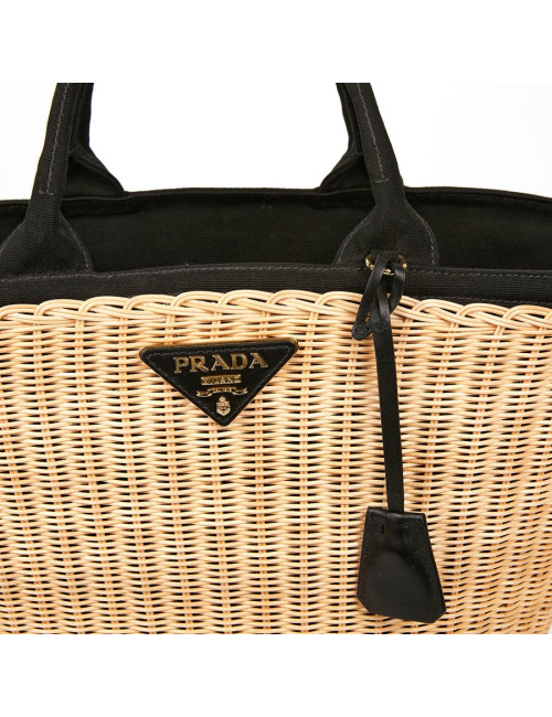 PRADA Bag in Natural Wicker and Black Cotton Canvas