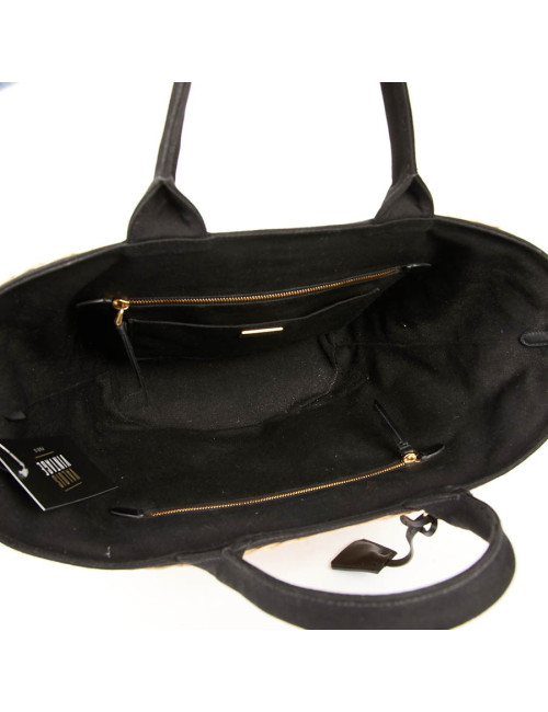 PRADA Bag in Natural Wicker and Black Cotton Canvas