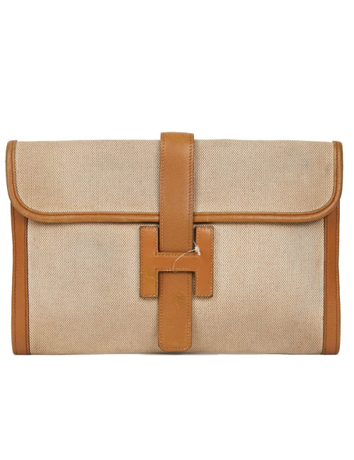 pochette Jige HERMES en toile et cuire beige