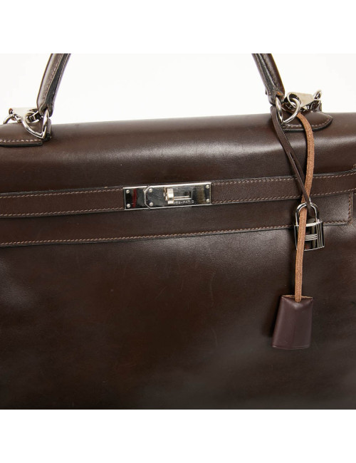 HERMES Vintage Kelly 35 Brown Box Leather Bag