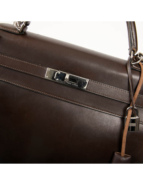 HERMES Vintage Kelly 35 Brown Box Leather Bag