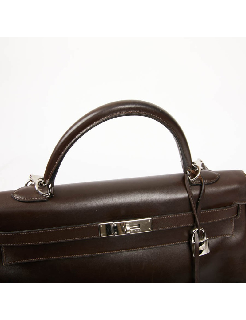 HERMES Vintage Kelly 35 Brown Box Leather Bag