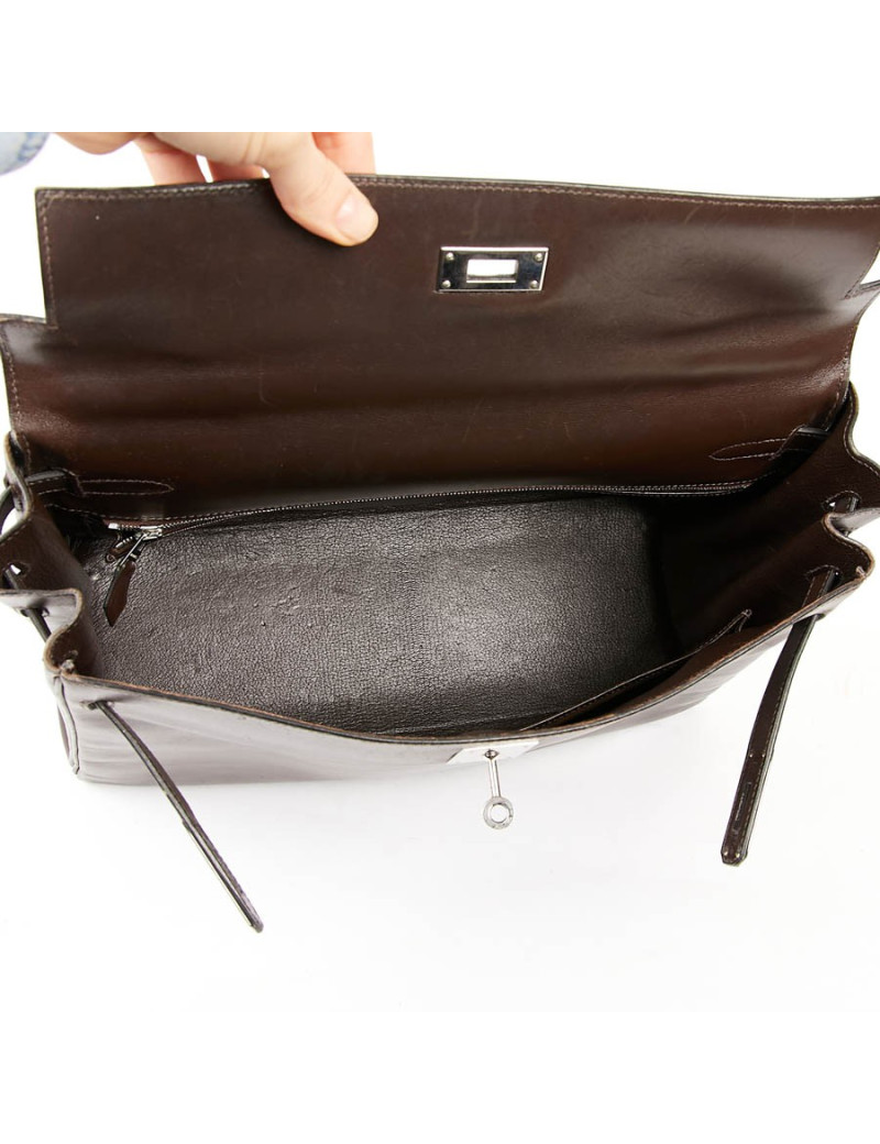 HERMES Vintage Kelly 35 Brown Box Leather Bag