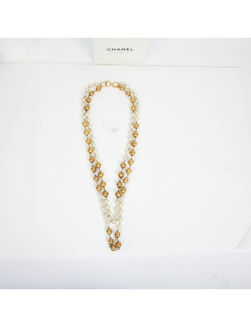 Sautoir CHANEL double rangs perles nacrées et métal