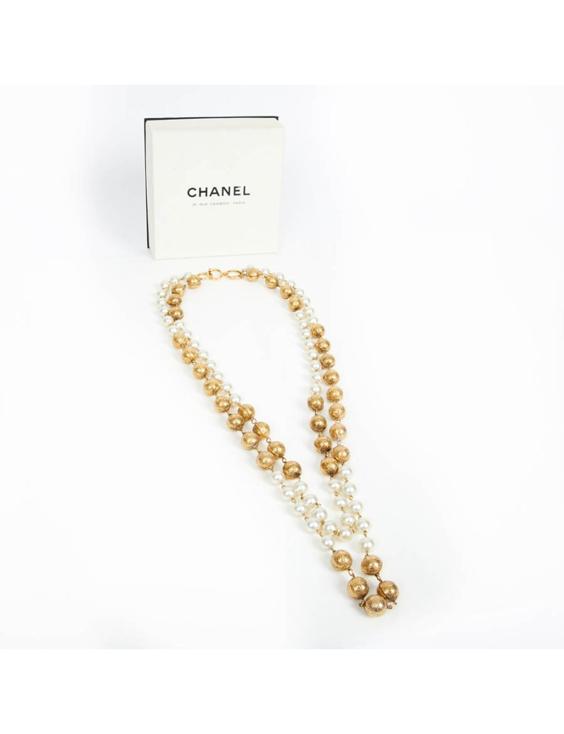 Sautoir CHANEL double rangs perles nacrées et métal
