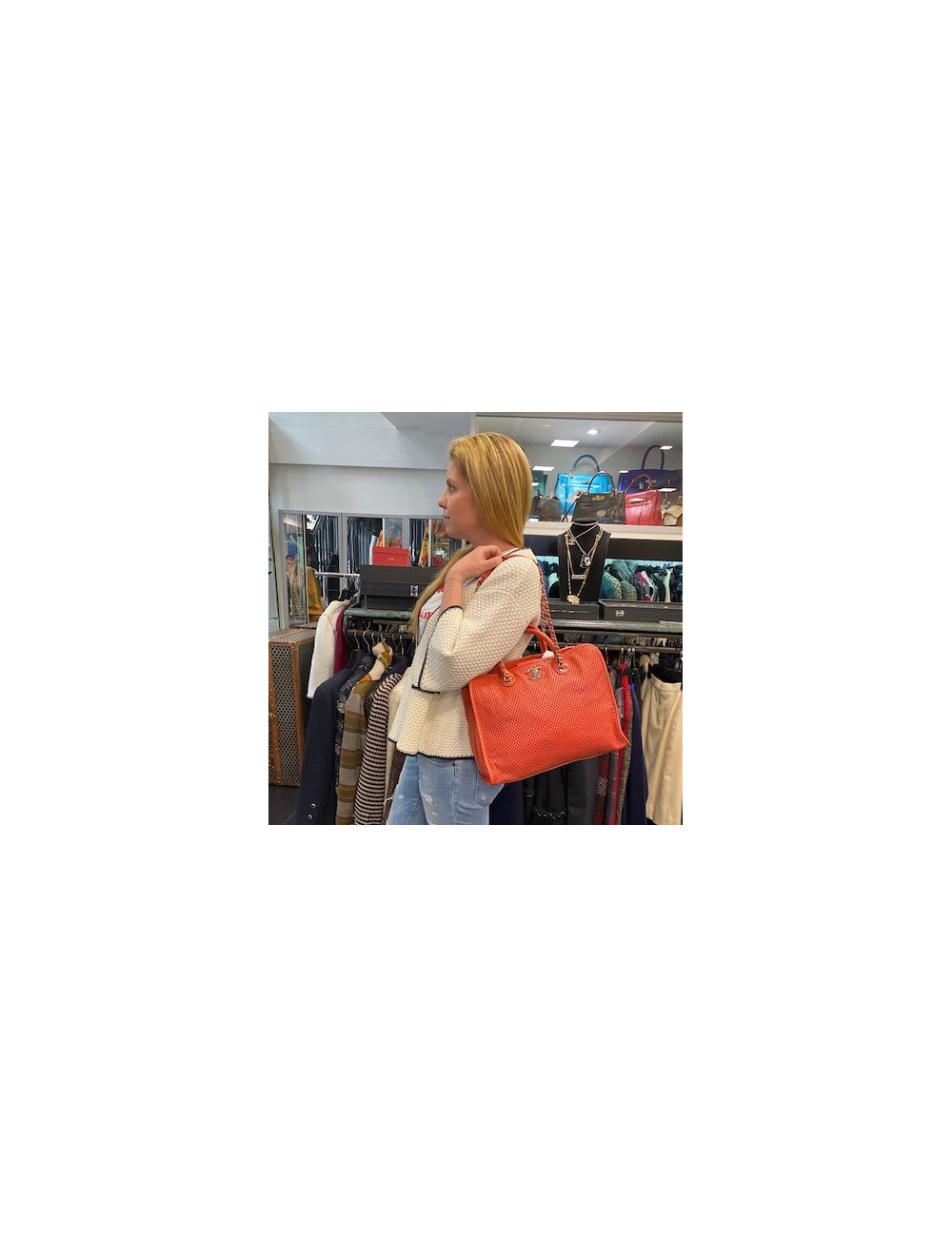 CHANEL Coral Perforated Leather Tote Bag