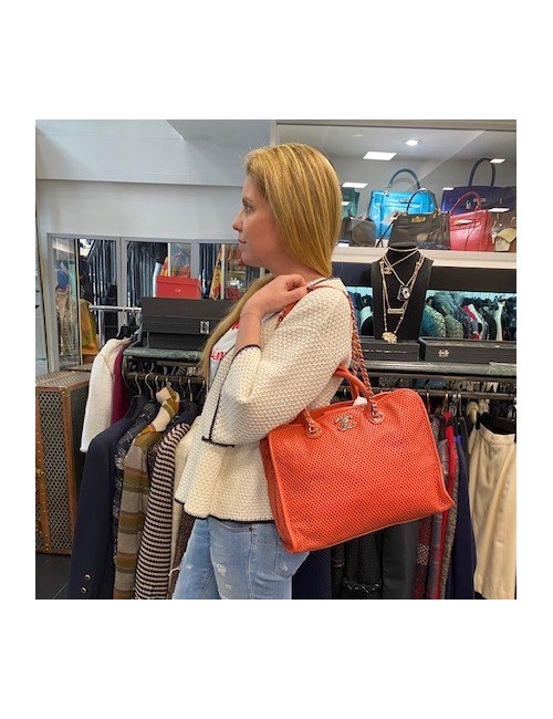 CHANEL Coral Perforated Leather Tote Bag