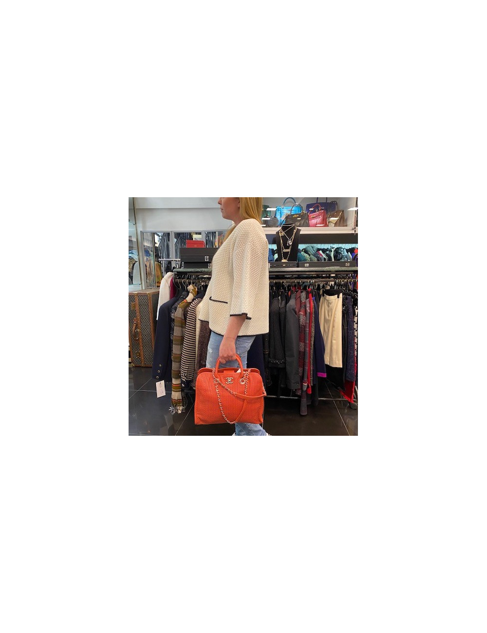 CHANEL Coral Perforated Leather Tote Bag