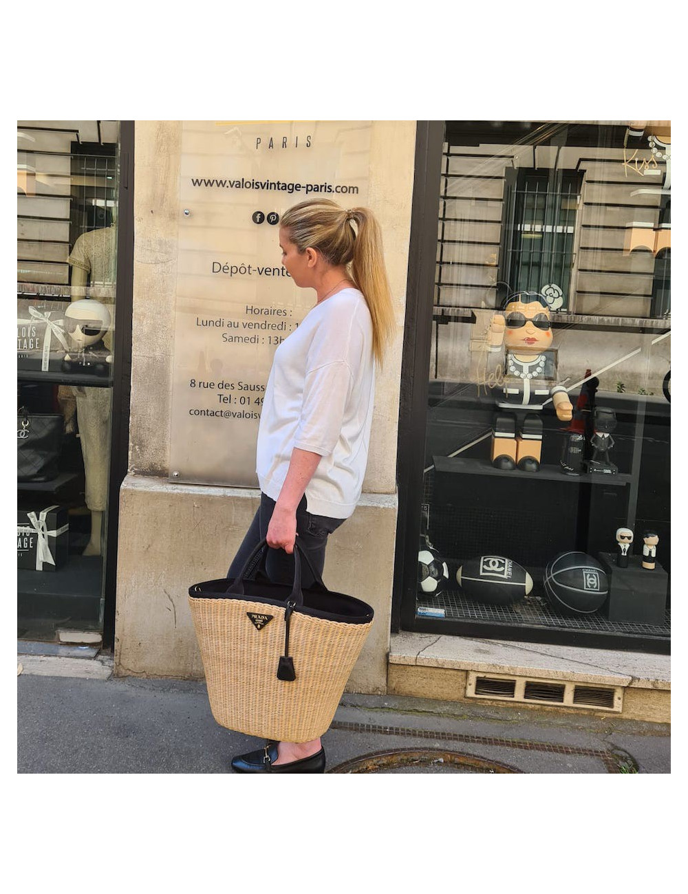 PRADA Bag in Natural Wicker and Black Cotton Canvas