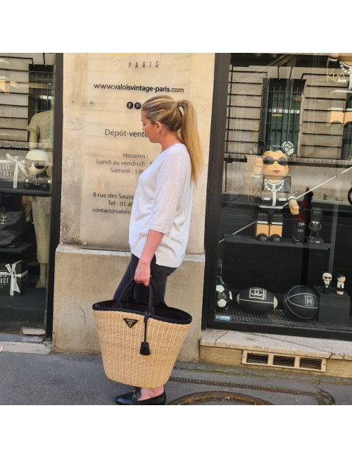 PRADA Bag in Natural Wicker and Black Cotton Canvas