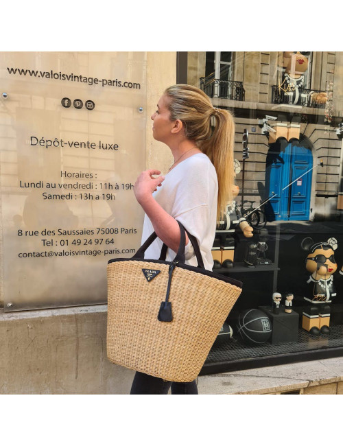 PRADA Bag in Natural Wicker and Black Cotton Canvas