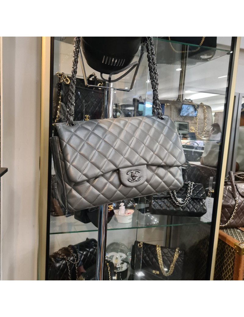 Sac classique CHANEL double rabat argenté
