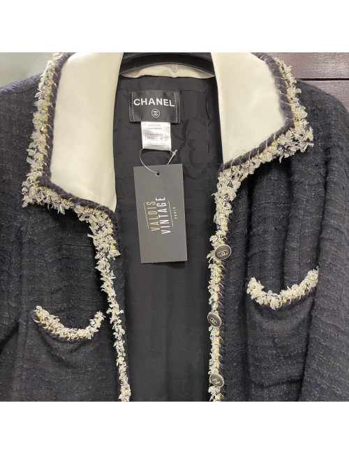 Manteau CHANEL tweed noir col blanc