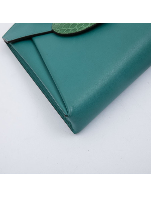 HERMES Tutti Frutti Hermail Bag in blue peacock tadelakt leather and green crocodile