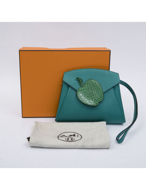 HERMES Tutti Frutti Hermail Bag in blue peacock tadelakt leather and green crocodile