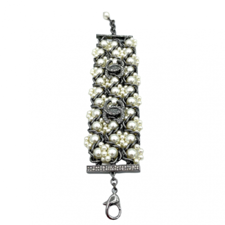 Bracelet perles CHANEL métal CC strass
