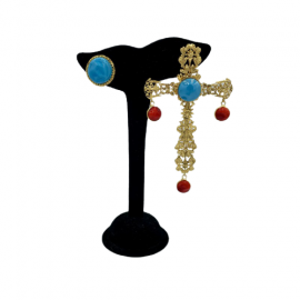 Clous croix pendants MARGUERITE DE VALOIS turquoise corail