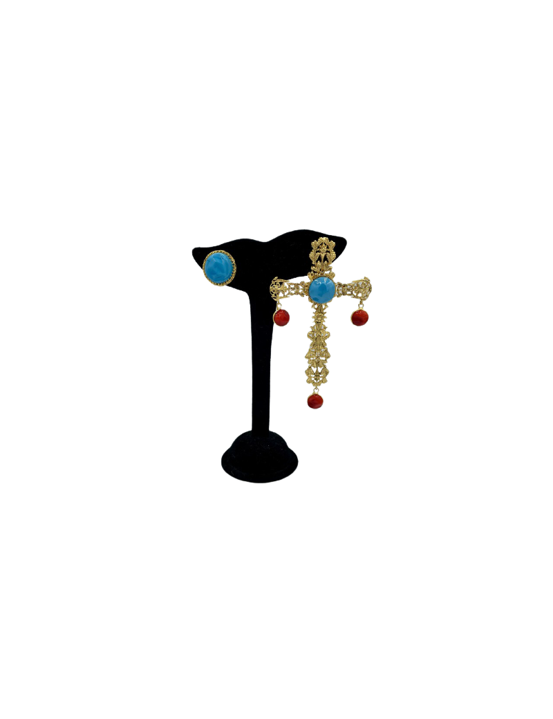 Clips croix pendantes MARGUERITE DE VALOIS turquoise corall