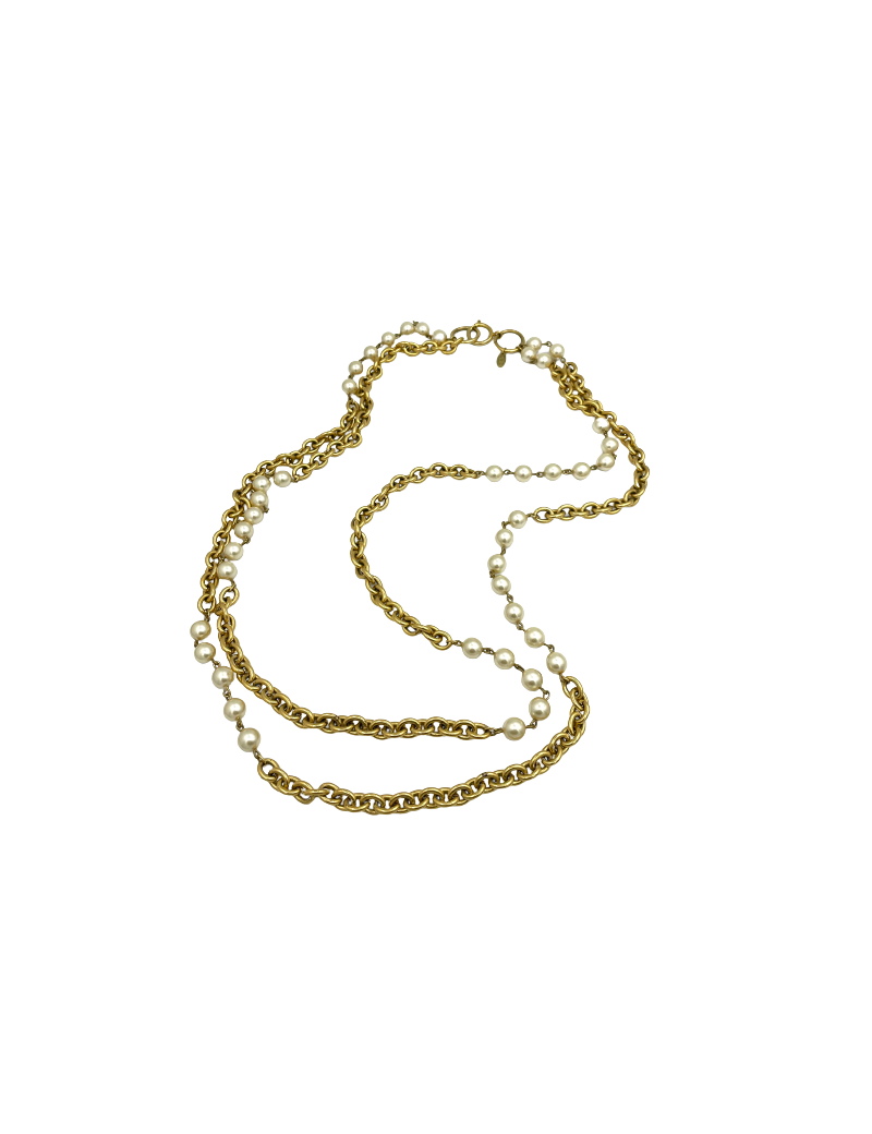 Sautoir CHANEL chaîne dorée et perles nacrées Vintage