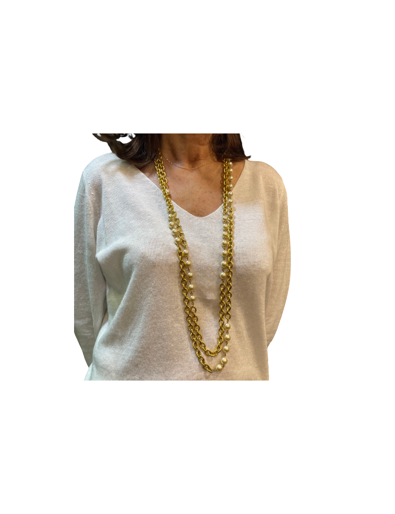 Sautoir CHANEL chaîne dorée et perles nacrées Vintage