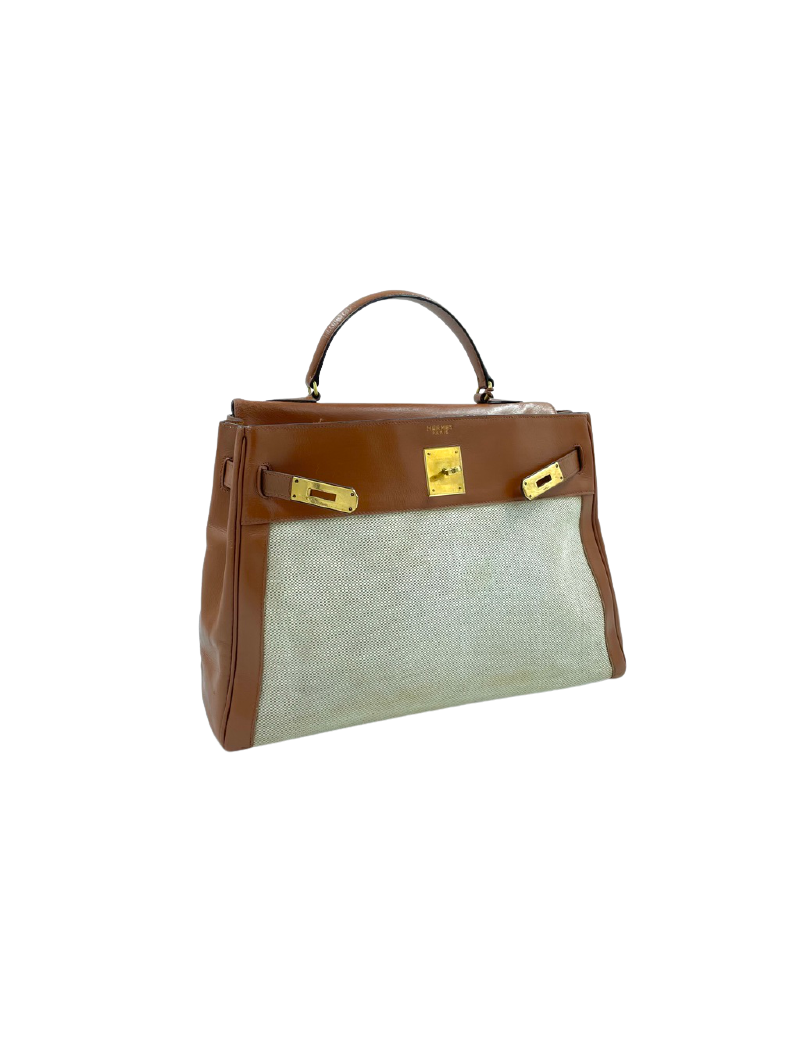 Kelly 32 HERMES toile et cuir beige Vintage 