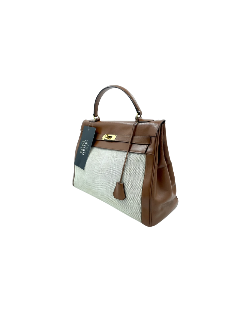 Kelly 32 HERMES toile et cuir beige Vintage 