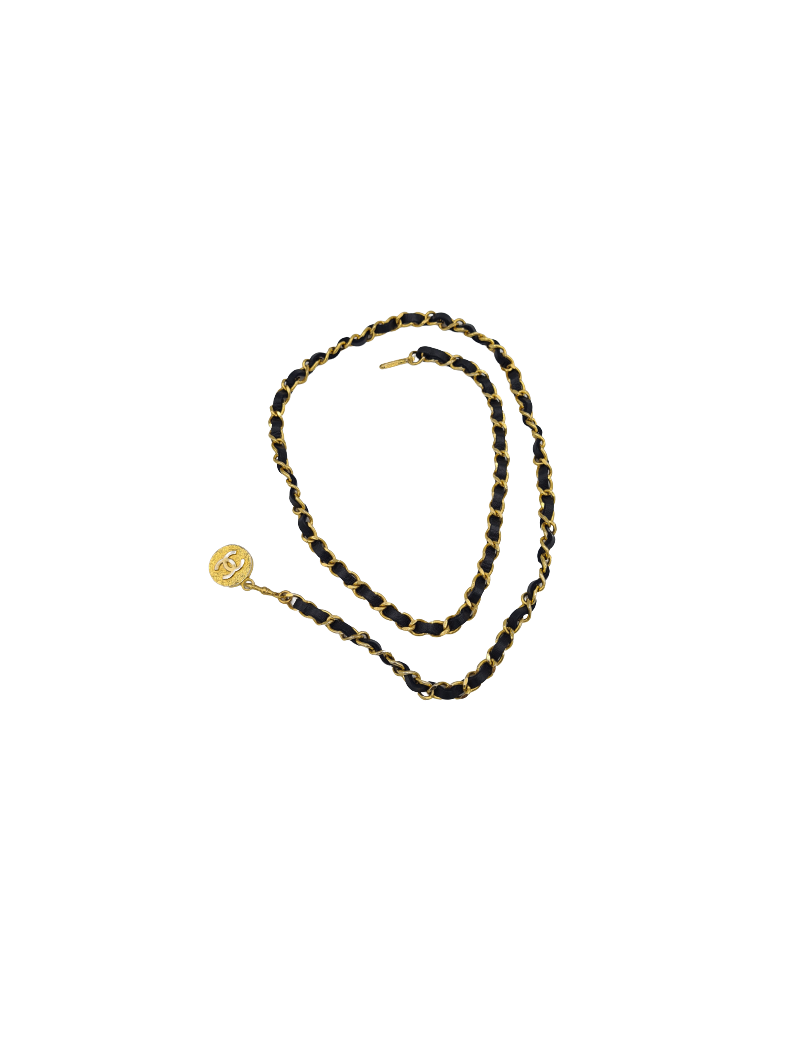 Ceinture CHANEL chaine dorée et cuir noir Vintage