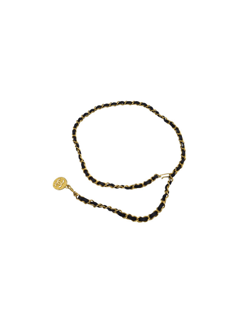 Ceinture CHANEL chaine dorée et cuir noir Vintage