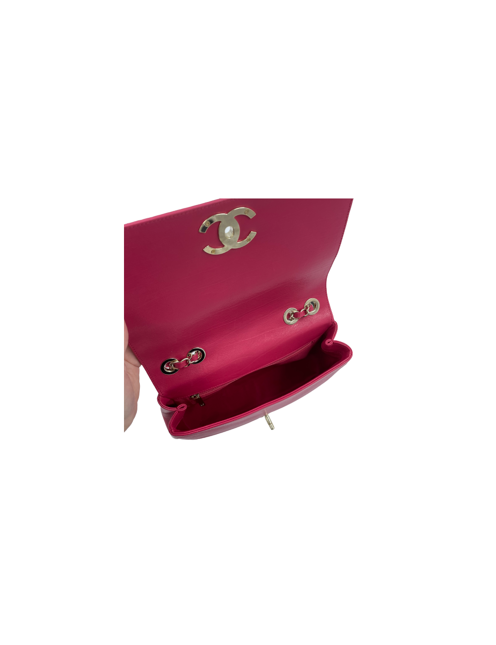 Sac CHANEL carré en cuir rose fushia liseré en python