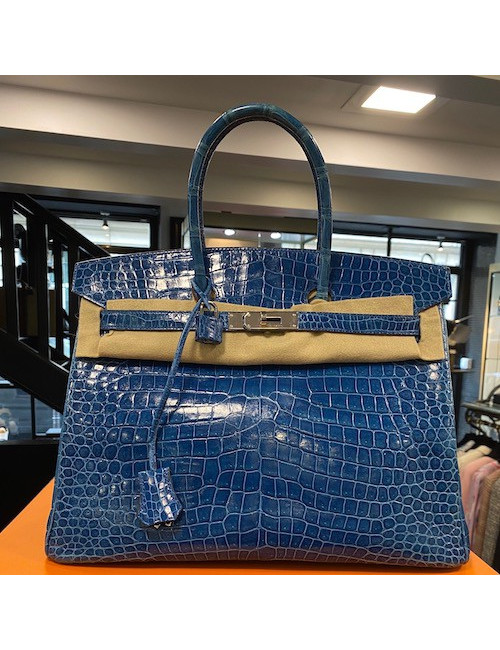 Birkin 35 HEMES crocodile Porosus bleu Mykonos